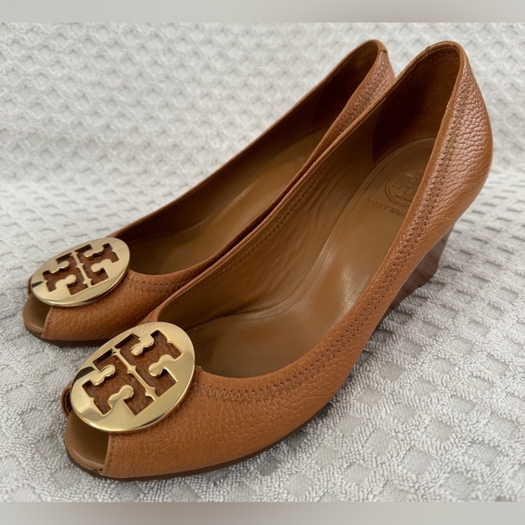 Tory Burch Shoes - Tory Burch Sally 2 Peep Toe Wedge Pump Tan Pebbled Leather Size 9.5M Retail $278